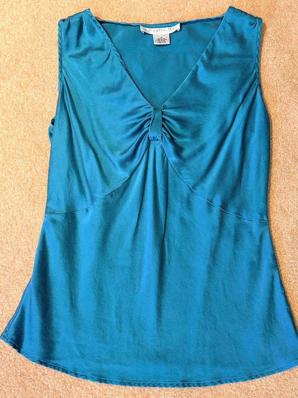 Pursuits Silk Tank Top Blouse Size 8 Teal Blue V-Neck Gathered Front Sleeveless